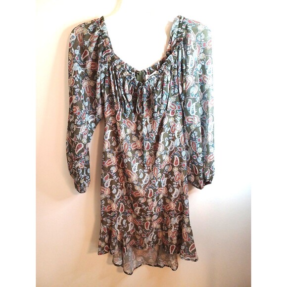 Lucca Floral Paisley Mini Dress M Green Balloon Sleeve Sheer Lined Boho Peasant - Picture 1 of 9